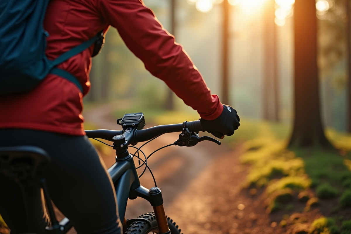 Coureur de VTT portant gants chauffants lors d'une sortie matinale