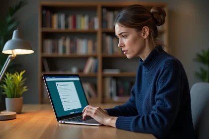 Femme vérifiant les paramètres de confidentialité sur un ordinateur portable dans un bureau à domicile