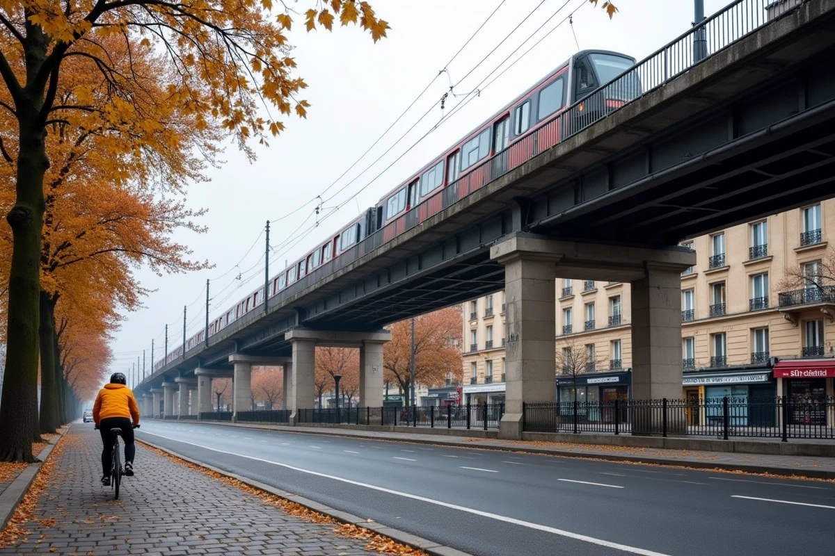 Viaduc du métro ligne 9 à Pont de Sèvres avec une rame en passage et un boulevard parisien en automne