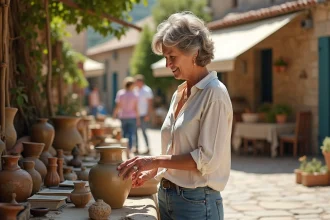 Femme examinant un vase ancien lors d'un vide grenier en plein air dans les Alpes-Maritimes