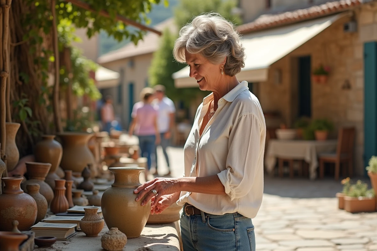 Femme examinant un vase ancien lors d'un vide grenier en plein air dans les Alpes-Maritimes