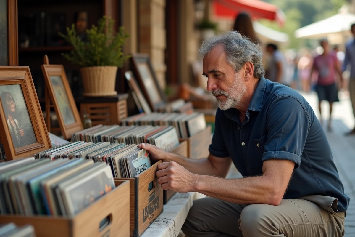 Homme fouillant des vinyles anciens sur un stand de vide grenier dans les Alpes-Maritimes