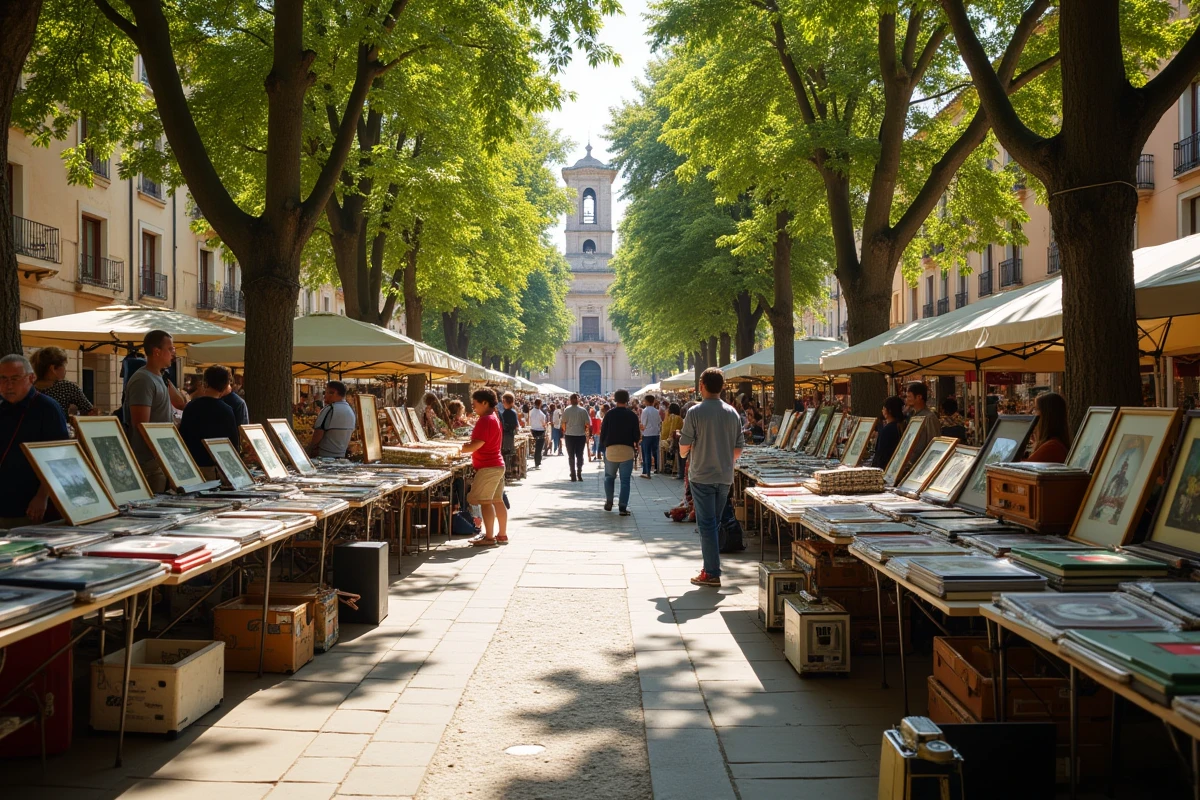 Vue panoramique d'un vide grenier animé dans une place de village des Alpes-Maritimes