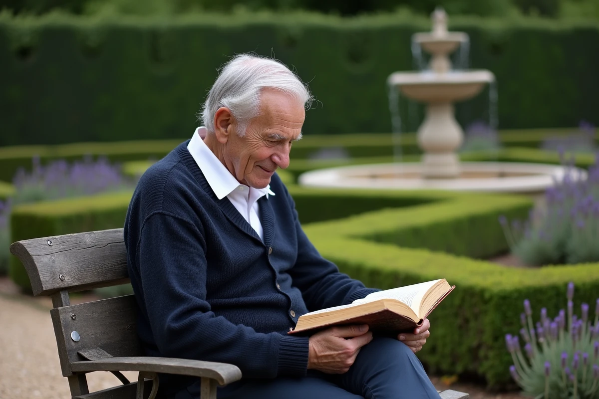 Vieil homme souriant lisant un recueil de poèmes d'amour sur un banc dans un jardin à la française