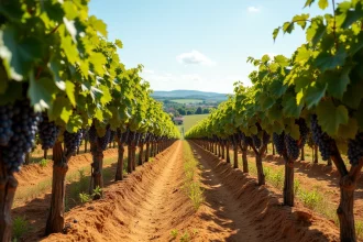 Vignoble de l'Armagnac dans le Gers près d'Eauze avec rangées de vignes et ciel d'été