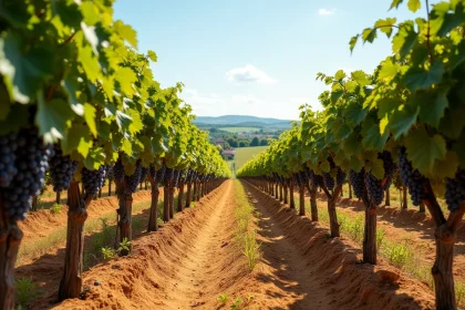 Vignoble de l'Armagnac dans le Gers près d'Eauze avec rangées de vignes et ciel d'été