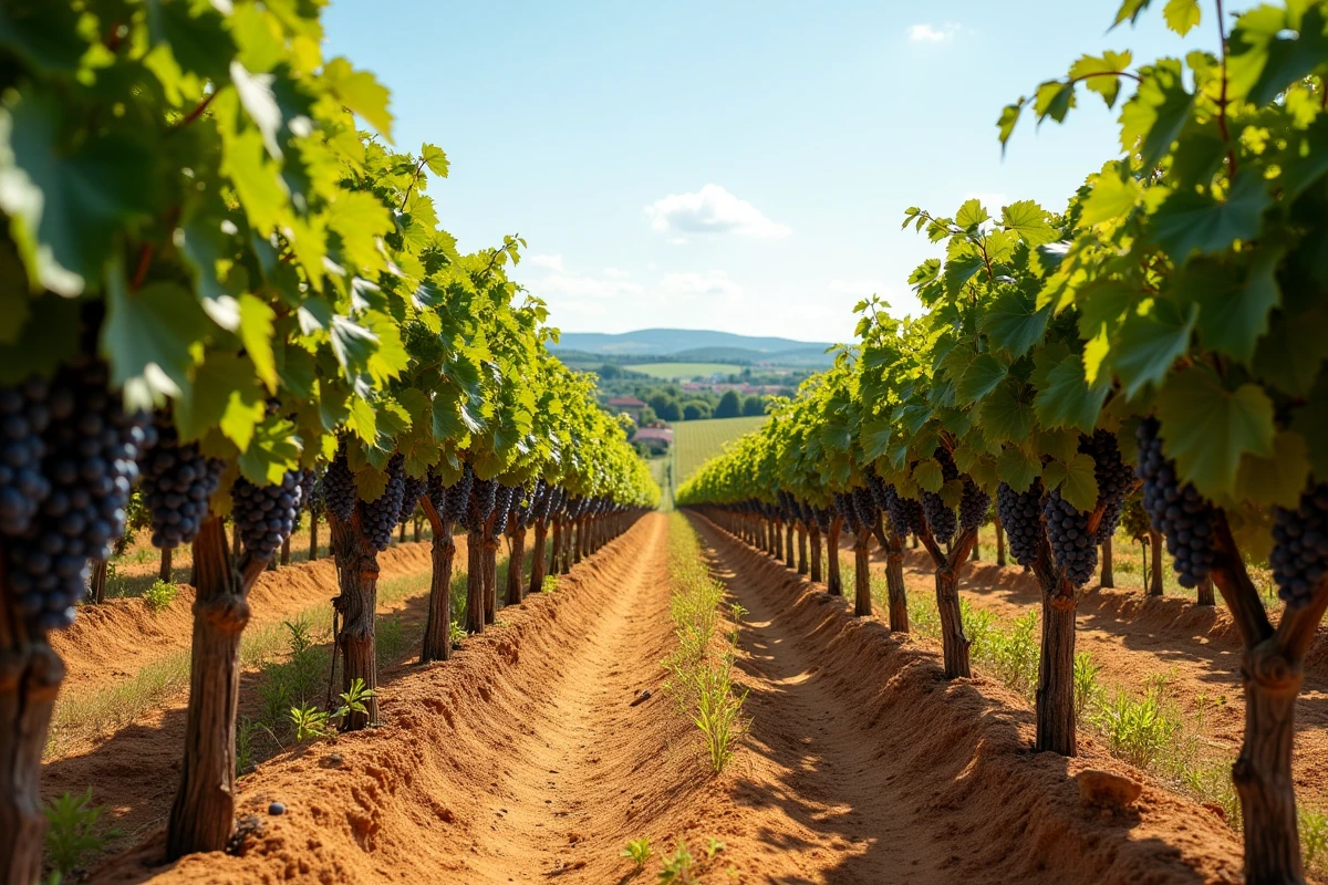 Vignoble de l'Armagnac dans le Gers près d'Eauze avec rangées de vignes et ciel d'été