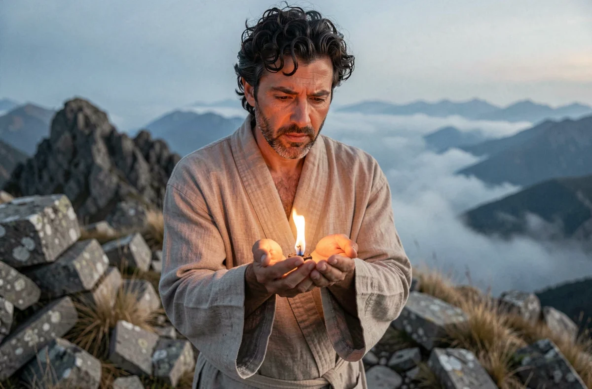 Homme tenant une flamme dans ses mains au sommet d'une montagne, symbolisant le vol du feu par Prométhée dans la mythologie grecque
