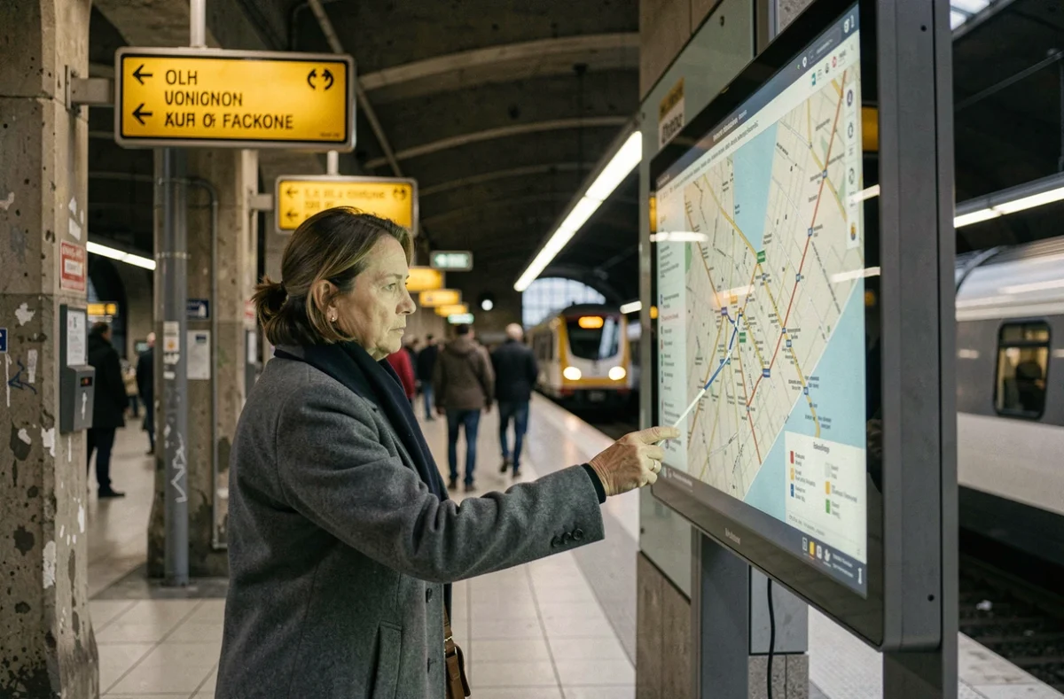 Voyageuse consultant le plan RER en temps réel sur un écran numérique dans une gare Île-de-France