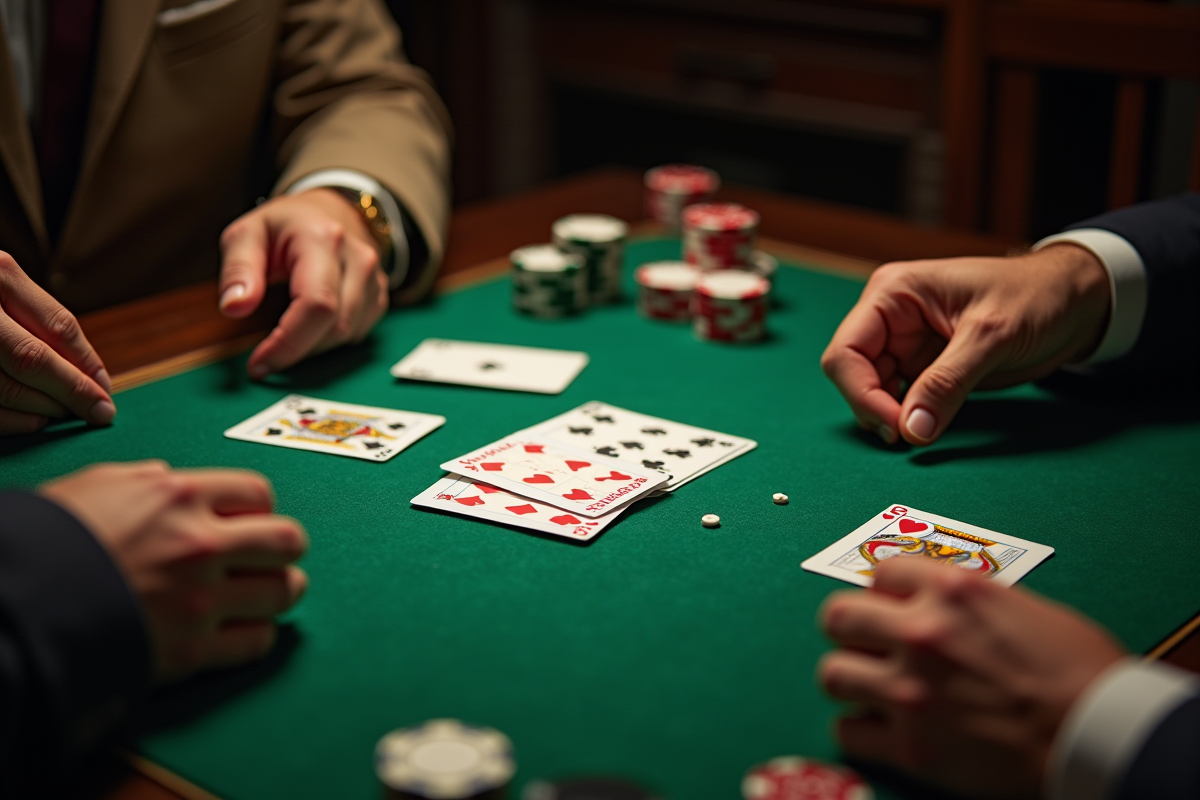 Partie de Crapette en cours avec cartes et mains visibles
