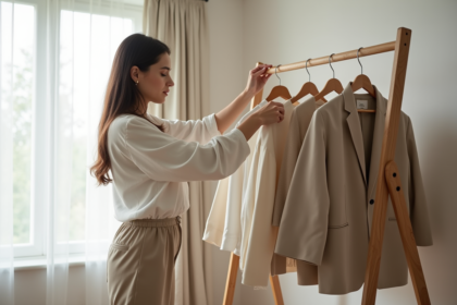 Femme arrangeant une garde-robe capsule dans une chambre lumineuse